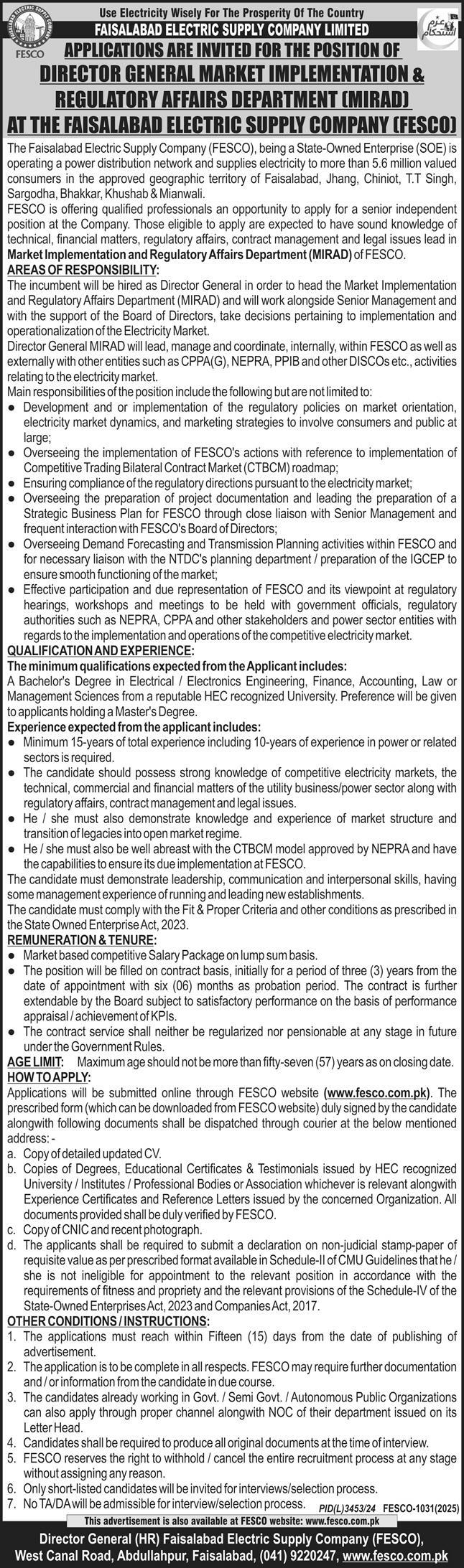 Faisalabad Electric Supply Company Limited Faisalabad Tender Notice